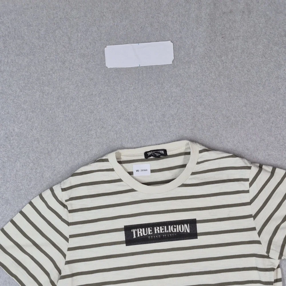 True Religion Men Shirt M White Striped Spellout Logo Short Sleeve